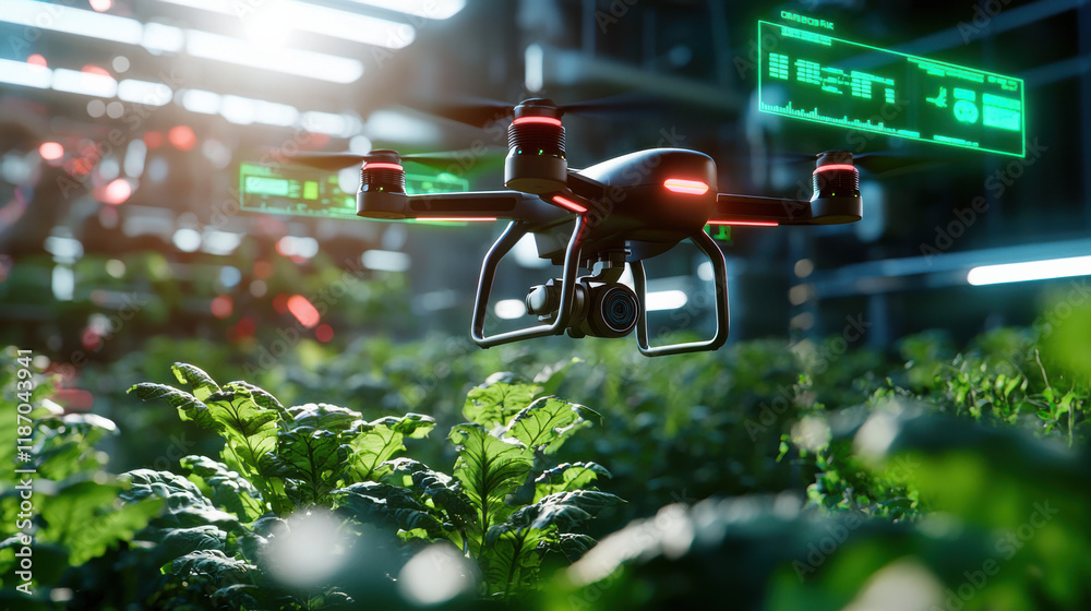 Poster futuristic drone monitoring crops in smart greenhouse, showcasing advanced technology and precision 