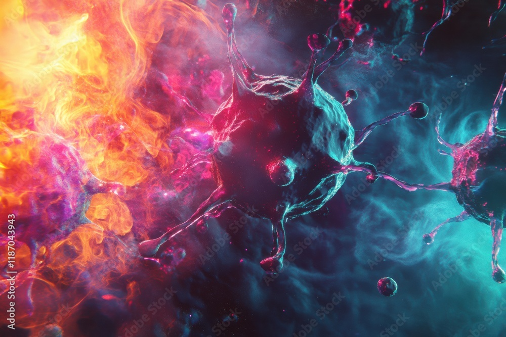 Aufkleber Antibodies engaging with a virus in a vibrant, microscopic environment highlighting immune response activity. Generative AI