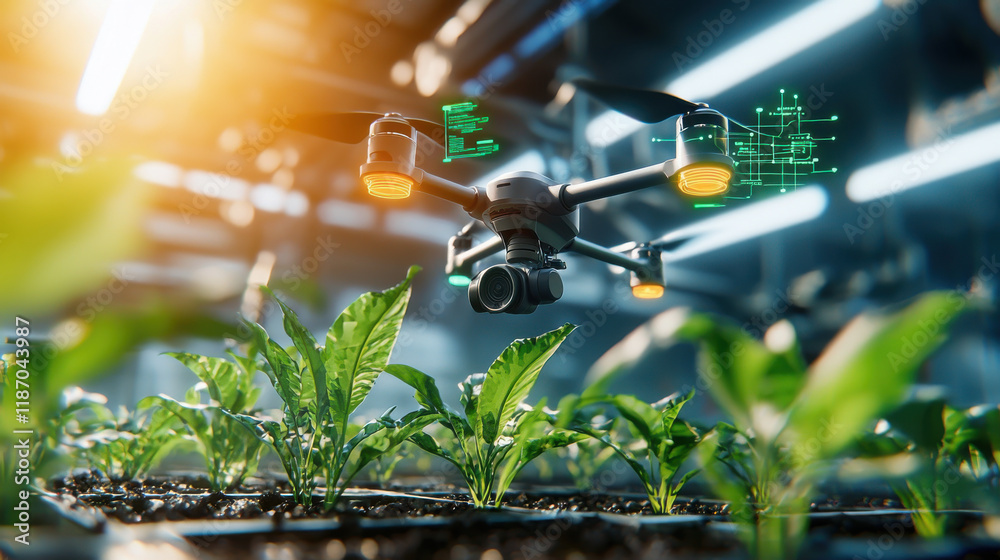 Poster futuristic drone monitoring crops in smart greenhouse, showcasing advanced technology and precision 