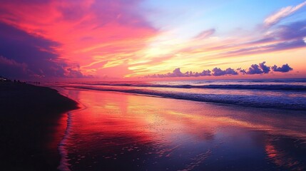 Vibrant Sunset Over Serene Beach with Colorful Skies Reflecting on Calm Waters