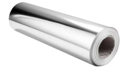 High-Resolution Roll of Shiny Metallic Foil isolated on transparent background	