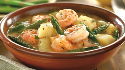 Shrimp and Asparagus Stew with Lemon Sauce in a Rustic Bowl on a Wooden Table