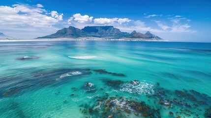 Scenic view of Table Mountain and turquoise waters, showcasing natural beauty and tranquility.