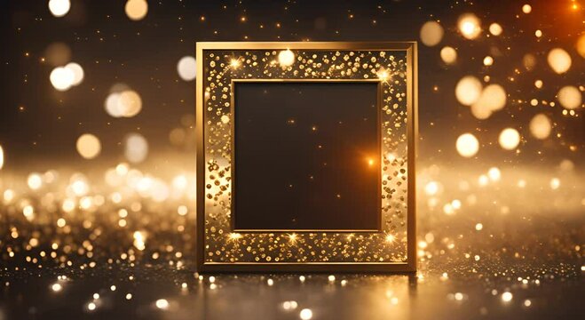 Golden frame surrounded by sparkling bokeh lights on a dark background creating a festive atmosphere 4K
