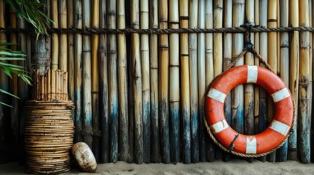 Bamboo Wall with Vintage Lifebuoy and Rustic Baskets in Coastal Decor Setting