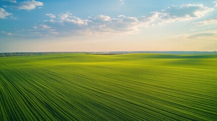 Aerial landscape of lush green fields under a clear blue sky with soft clouds showcasing ample space for text or design elements