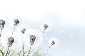 White dandelions on a blue background, copy space.