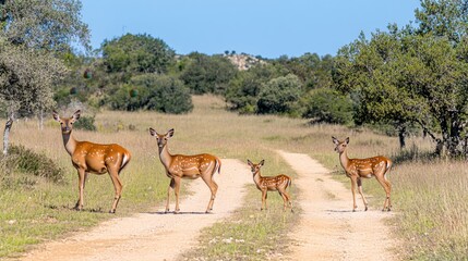 Naklejka premium Spotted Deer Family on Rustic Country Road Sunny Day