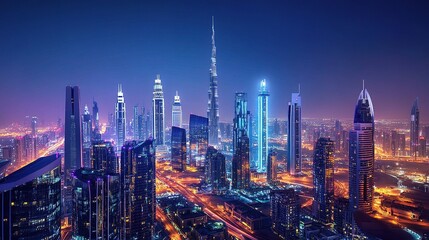 Naklejka premium Futuristic City Skyline with Bright Lights and Advanced Technology