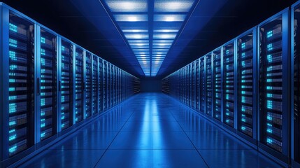 Futuristic dark blue data center technology background for digital storage and business applications with illuminated server racks