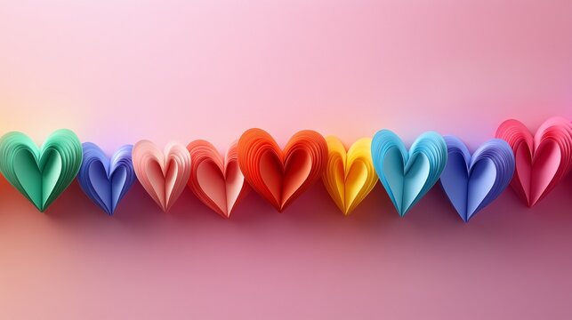A colorful composition of paper hearts in the shape of a rainbow on a soft pink background. Themes related to love, romance, LGBT support, Valentine's Day celebrations, weddings and decor.