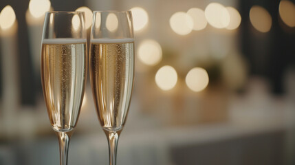 Champagne Glasses Clinking at Formal Gala with Company Banner