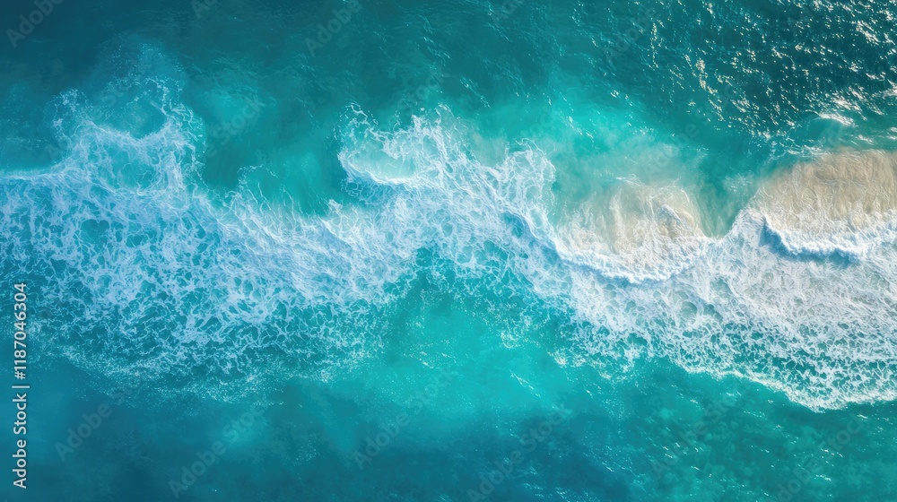 Poster aerial view of turquoise ocean waves with soft sand shoreline creating a serene abstract background 