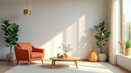 sunlit living room with armchair coffee table