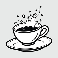 Dynamic Coffee Splash Illustration Black and White Ceramic Icon Design.