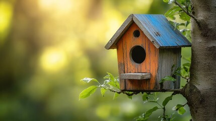 Colorful birdhouse on tree in sunny forest.