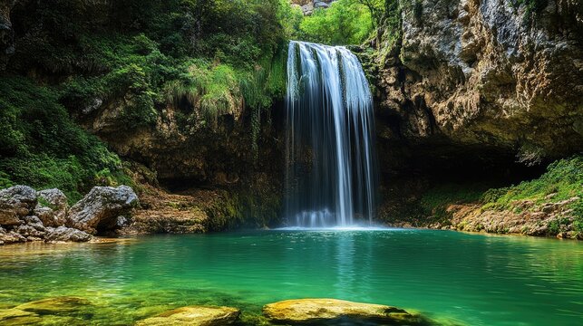 Serene waterfall cascades over rugged cliffs into an emerald pool surrounded by lush greenery creating a tranquil natural landscape