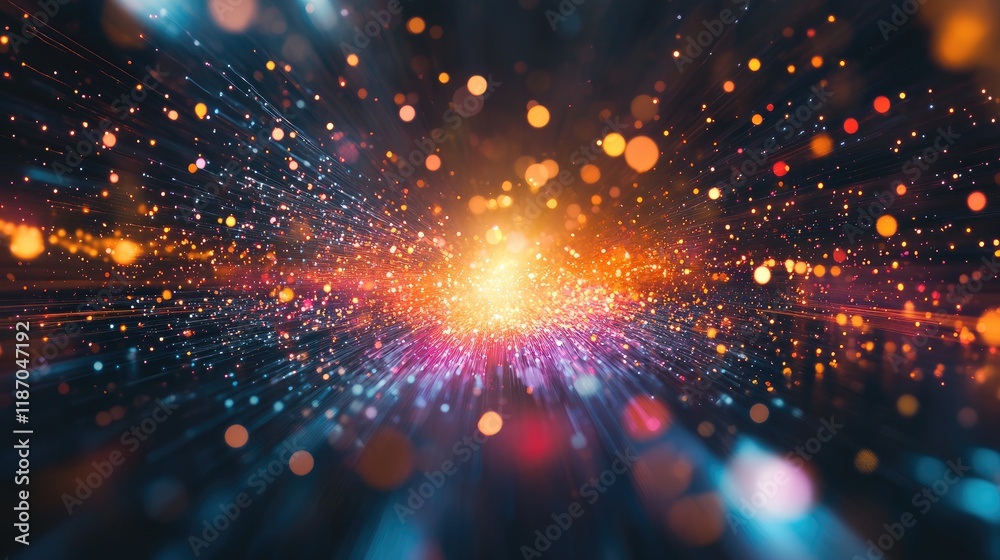 Poster luminous abstract background with dynamic colorful glows and sparkling particles in motion