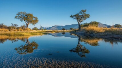 Obraz premium Serene landscape featuring a calm river reflecting trees and mountains under a clear blue sky.