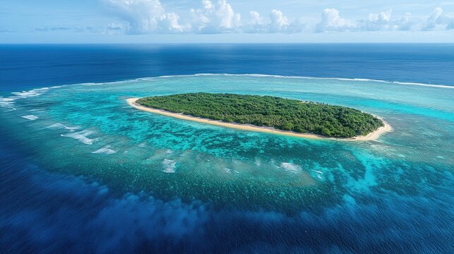 Aerial view of Amami Island showcasing turquoise waters, lush greenery, and coral reefs under a bright sky with scattered clouds.