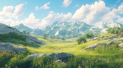 Fototapeta premium Breathtaking rocky mountain range surrounded by vibrant grassy hills under a clear blue sky with fluffy white clouds.