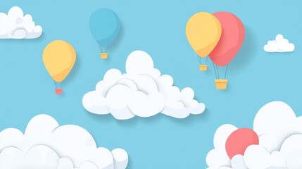 Colorful hot air balloons floating among fluffy clouds in a bright blue sky creating a cheerful and whimsical atmosphere