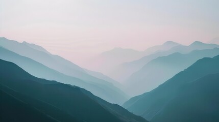 Fototapeta premium Serene mountain landscape with layered peaks in soft pastel hues, evoking tranquility and depth.