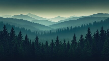 Aerial view of lush green forest landscape surrounded by dark misty mountains creating a serene and tranquil atmosphere.