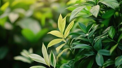 Obraz premium Lush greenery featuring vibrant bamboo and assorted plants in close-up showcasing rich textures and natural beauty