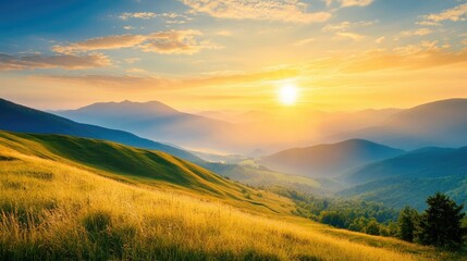 Fototapeta premium Breathtaking summer sunrise over mountains illuminating tranquil valley showcasing the serene beauty of countryside landscapes