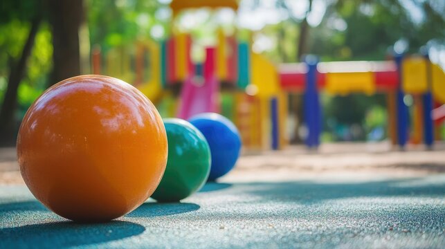 Colorful balls in a playground setting highlighting family fun and outdoor activities for children in a vibrant park atmosphere.