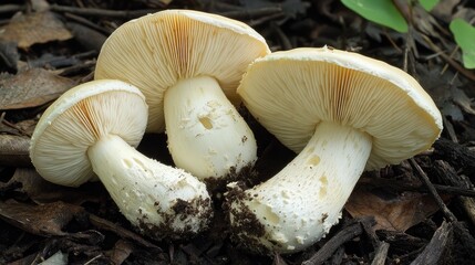 Amanita excelsa mushrooms growing in a forest setting showcasing their distinct features and natural habitat among forest litter.