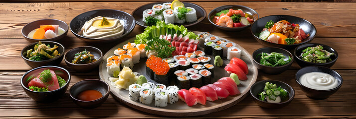 Fototapeta premium Traditional Japanese Sushi Platter with Miso Soup, Edamame, and Seaweed Salad on Wooden Table