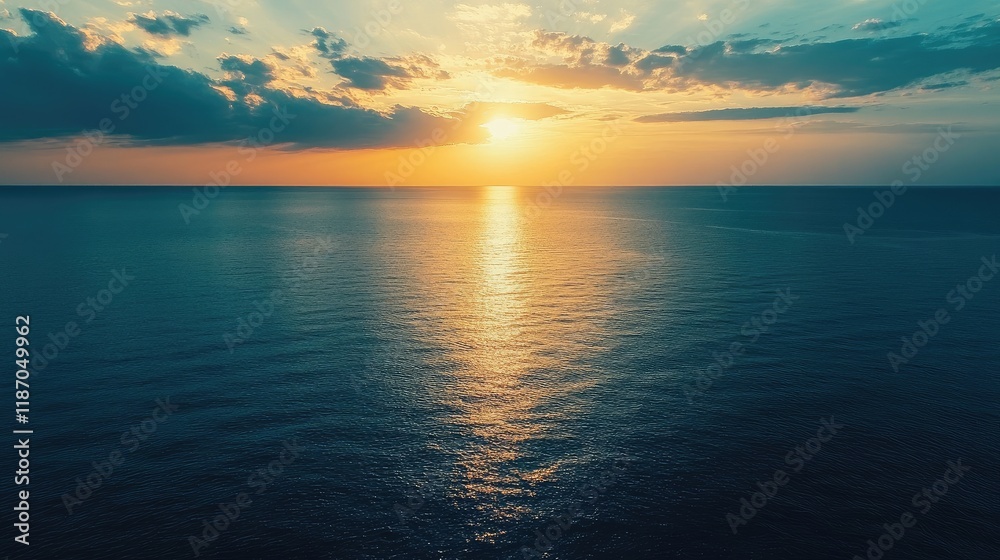 Poster aerial view of tranquil ocean water reflecting sunset colors with soft clouds and ample space for ad