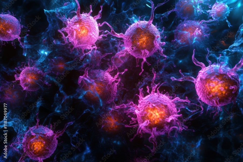 Poster Cancer cells illuminated with glowing edges showcasing cellular structure and behavior. Generative AI