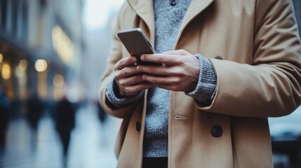 Fashionably Dressed Person Engaged with Smartphone in Urban Environment with Soft Focus Background Ideal for Text Overlay and Advertising