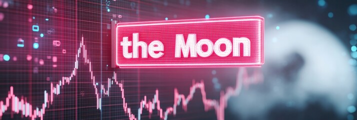 Neon To the Moon Sign with Meme Cryptocurrency Icons and Pixelated Graphs on a Digital Grid