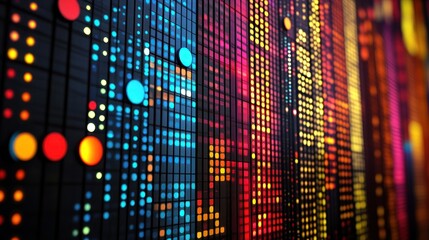 Colorful LED wall display with data visualization in dark room.