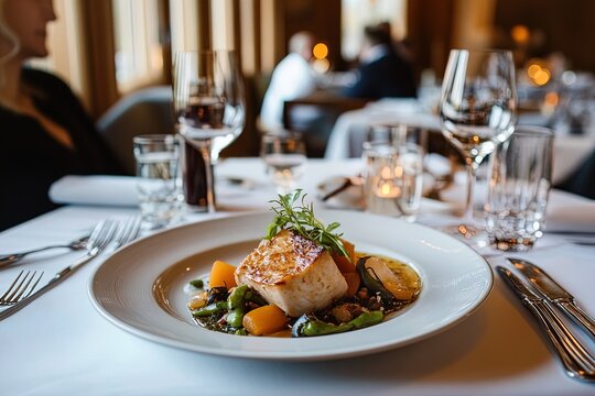 Elegant dining experience featuring gourmet fish dish and fine glassware at upscale restaurant