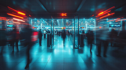 Fototapeta premium bustling airport security checkpoint with blurred motion and bright lights