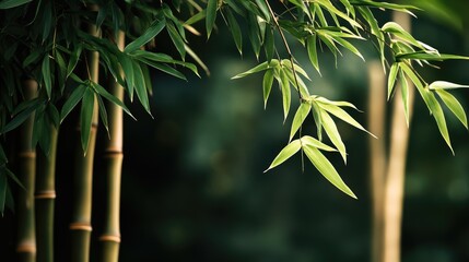 Serene bamboo leaves and branches frame a tranquil natural background in soft focus showcasing the beauty of lush greenery.