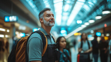 Fototapeta premium Security officer assisting traveler in busy airport terminal, looking up