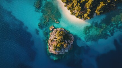 Serene aerial view of a secluded tropical island surrounded by a vibrant blue lagoon and crystal clear waters ideal for travel and relaxation themes
