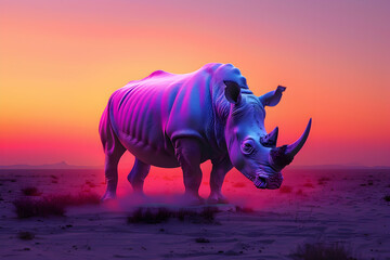 Fototapeta premium Neon Rhino Sunset 3D Illustration