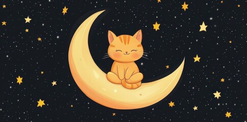 Fototapeta premium An orange cat sits contentedly on a crescent moon in a starry night