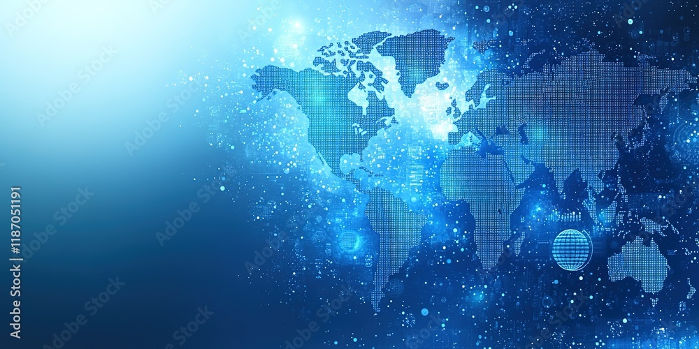 Poster digital world map with glowing elements and abstract design in blue tones representing connectivity 