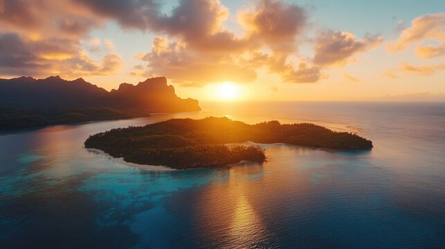 Stunning sunset aerial view of a serene island surrounded by calm waters and lush greenery in a tropical paradise setting