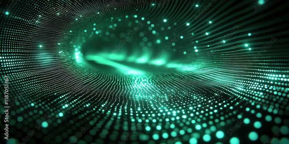 Wall mural abstract digital wave with glowing particles and flowing lines in green tones