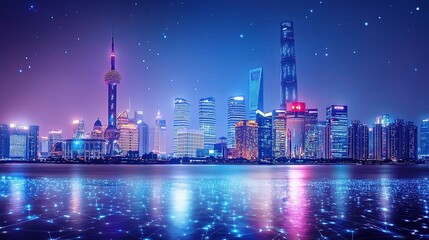 Obraz premium Modern Cityscape at Night with Illuminated Skyline and Stars