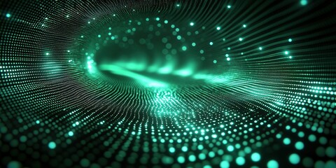 Abstract digital wave with glowing particles and flowing lines in green tones
